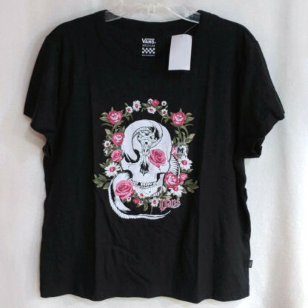 NWT! Vans Women's Snake Eyed Skull Floral Black Tee